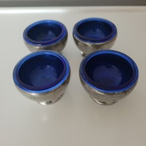 Vintage Mayflower Pewter Salt Cellar With Cobalt Glass